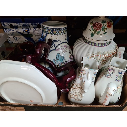 165B - A box of Oriental china to include teapot, vase & plates etc.