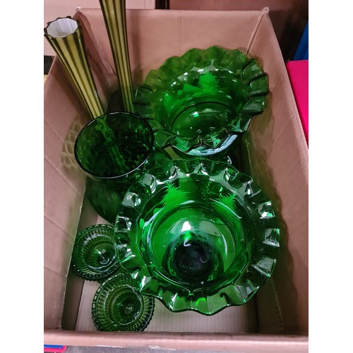 165D - A box of green glass items to include Mary Gregory style etc.