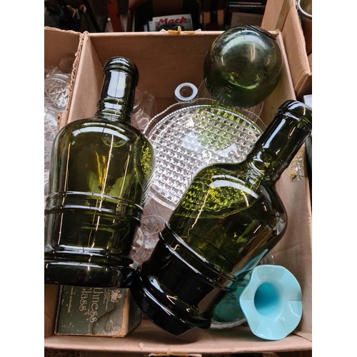 460 - 2 boxes of glassware including large black glass ornamental bottles, boxed Amsterdam Sauer carafe an... 