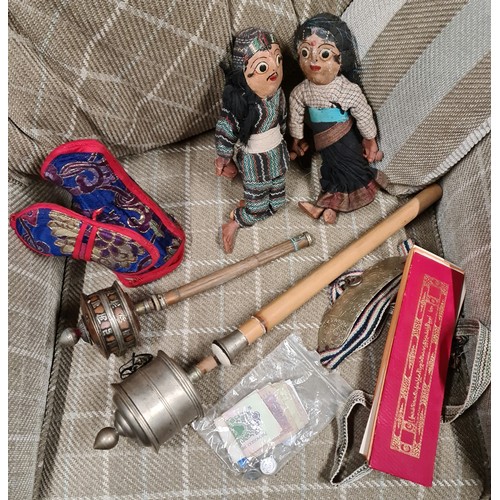 491 - Box to include a Tibetan costume and artefacts along with 2 handmade Nepali puppets