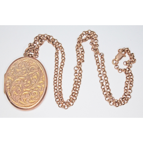 154 - A hallmarked 9ct rose gold oval locket on 52cm chain marked '375', gross wt. 14.1g.