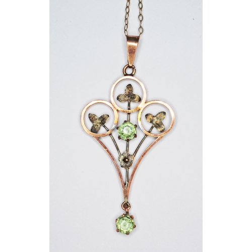 156 - An early 20th century pendant set with green paste, marked '9c', length 48mm, on 42cm chain marked '... 