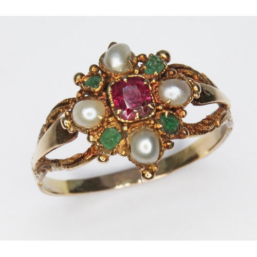 236 - A mid 19th century ruby, emerald and half-pearl cluster ring, the multi-gem set cluster measuring ap... 