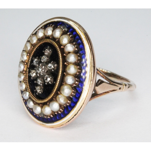 237 - A Georgian diamond and pearl ring, star shape cluster of rose cut diamonds set within an oval of spl... 