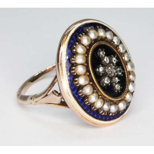 237 - A Georgian diamond and pearl ring, star shape cluster of rose cut diamonds set within an oval of spl... 