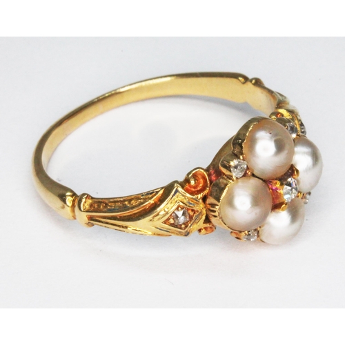 240 - A 19th century pearl and diamond ring, four half-pearls set between five rose cut diamonds, scroll s... 