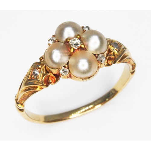 240 - A 19th century pearl and diamond ring, four half-pearls set between five rose cut diamonds, scroll s... 