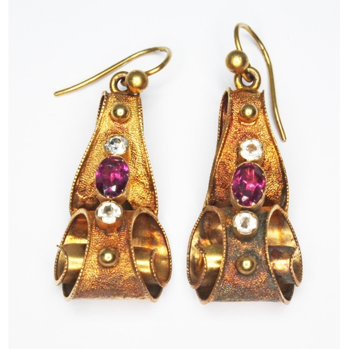 246 - A pair of Victorian Etruscan revival rhodolite garnet and colourless stone earrings, length 32mm, un... 