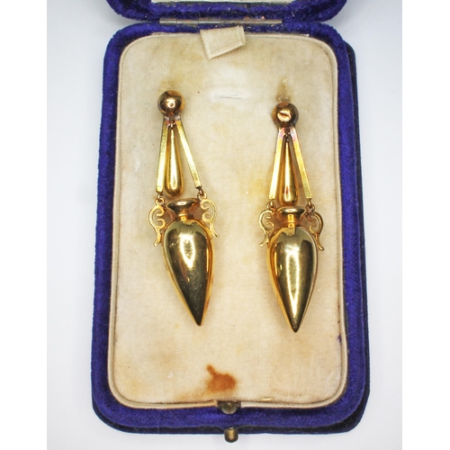 247 - A pair of Victorian Etruscan revival earrings, each formed as a Classical urn suspended on 'A' frame... 