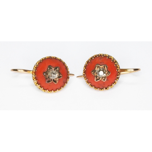 251 - A pair of 19th century coral and diamond earrings, each set with an old cut diamond, star setting on... 