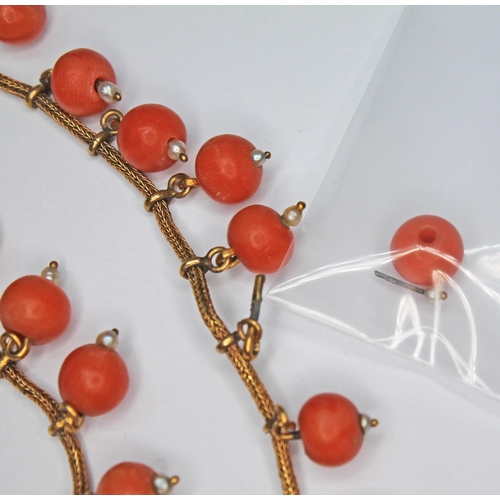 252 - A Victorian coral and pearl drop choker necklace, unmarked, length 49cm, gross wt. 23.6g.