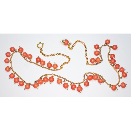 252 - A Victorian coral and pearl drop choker necklace, unmarked, length 49cm, gross wt. 23.6g.