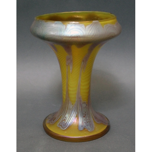 340 - An Austrian Art Nouveau glass vase by Loetz, trumpet form, wavy yellow ground with iridescent trials... 