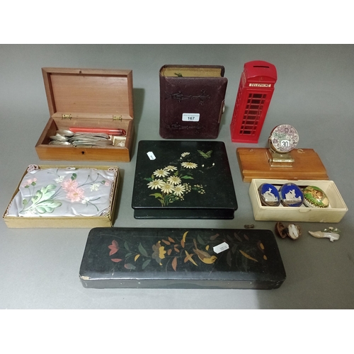 167 - Selection of wooden boxes to include 2 Oriental, a pine box with EPNS ware, a vintage walnut shell w... 