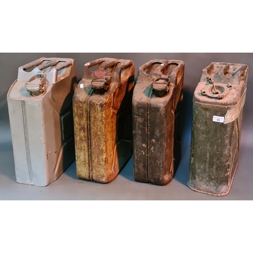 45 - 4 military jerry cans, marked as SEA 1945 MFG, W^D 1943 PSC, W^D 1945 RTME, G U.S.A./G Q.M.C.