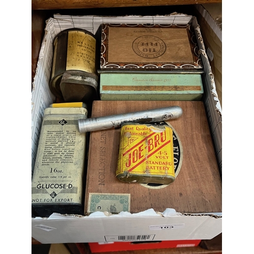 103 - A box of assorted tin boxes, match boxes etc.