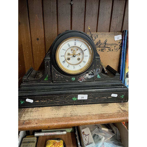 29 - A black slate mantle clock with key and pendulum