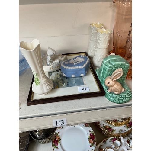 578 - Three Belleek vases, a Belleek piece The Salmon's Leap, a set of Sylvac style rabbit bookends, etc