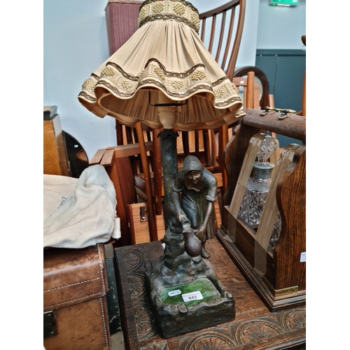 943 - A bronze effect spelter figural lamp modelled as a young woman collecting water from a well, signed ... 