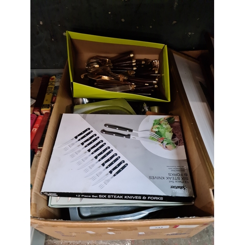 244 - A box of stainless steel tableware, gold coloured cutlery etc