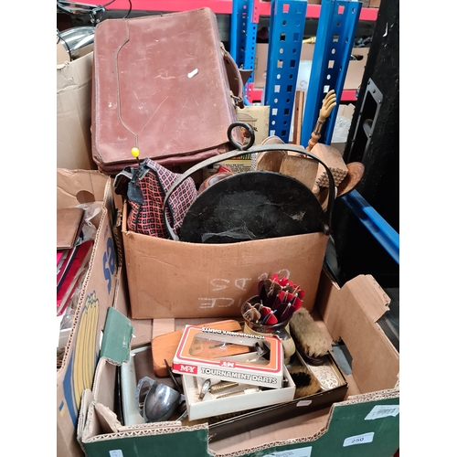 250 - A mixed lot including various items of kitchenalia, metalware, darts, a leather bag etc.