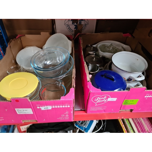 255 - Two boxes of kitchenalia.