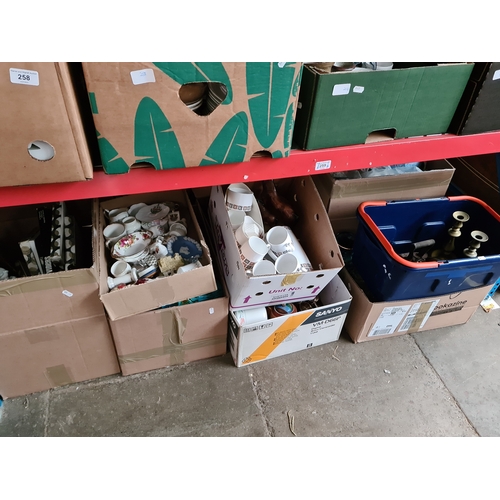 259 - 9 boxes of miscellaneous ceramics, pottery, glass, metalware, wool, etc.