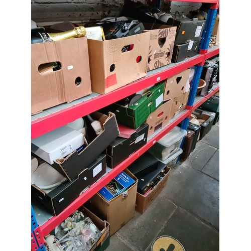 296 - 19 boxes of misc ceramics, glassware, ornaments, metalware, Xmas ornaments, Magnum alcoholic beverag... 