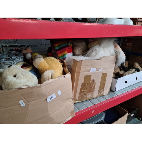 298 - 3 boxes of soft toys to include 2 antique bears, etc.