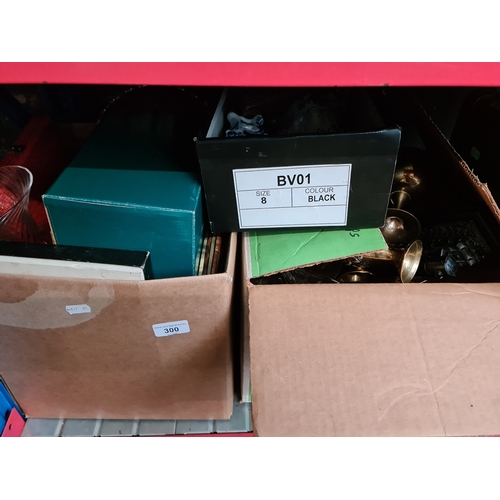 300 - 3 boxes of misc items including metalware, glassware, ornaments, a punch bowl, brass goblets and vas... 