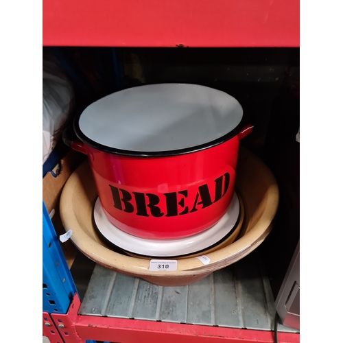 310 - Two proving bowls and a large enamelled bread bin.