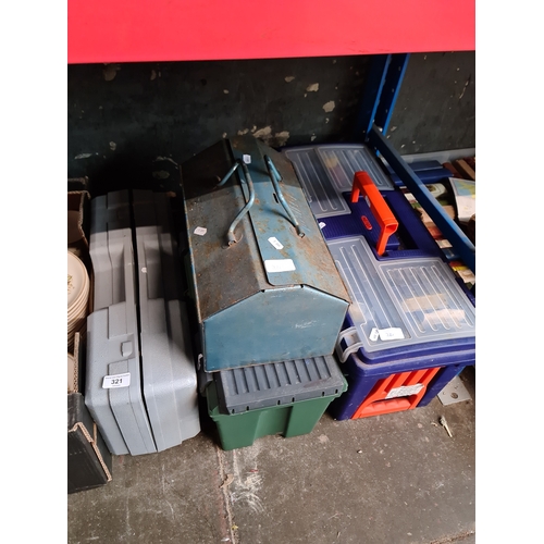 321 - A box of tools, 2 toolboxes with contents and a boxed trolley jack.