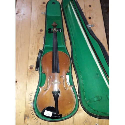 137 - An old violin, two piece back, length 360mm, with bow and case.