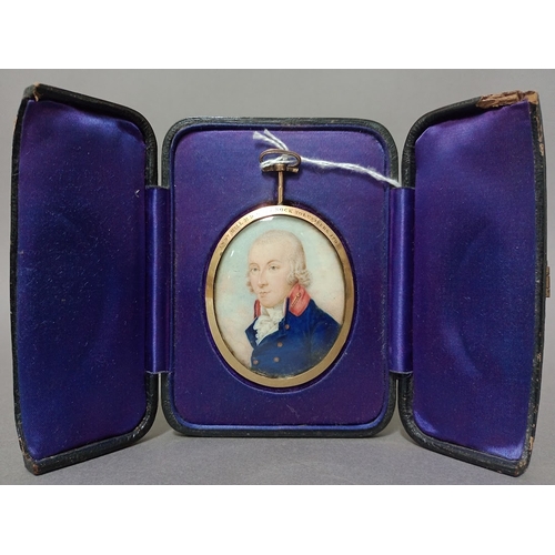 104 - An 18th century portrait miniature of Andrew Hill (1795), 60mm high in a yellow metal frame with pla... 