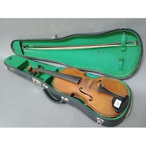 137 - An old violin, two piece back, length 360mm, with bow and case.
