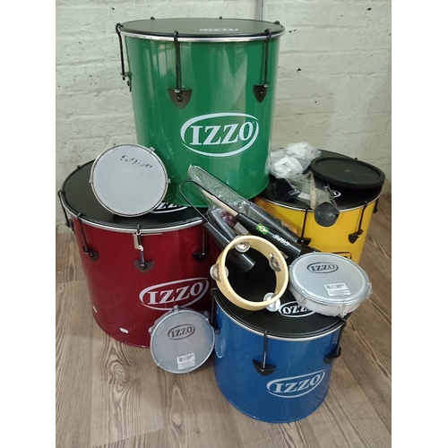 144 - 4 drums, cow bells, tambourines, aluminium shakers / ganza, straps, etc.