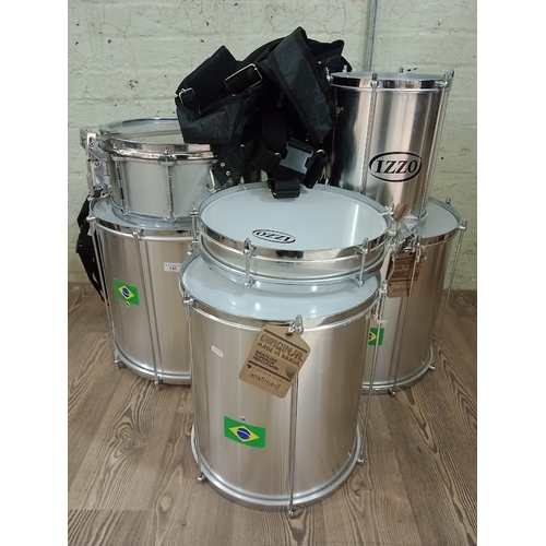 145 - 'Brazilian Superior Percussion' Izzo percussion drum set - 5 + strap and 1 Pearl drum.