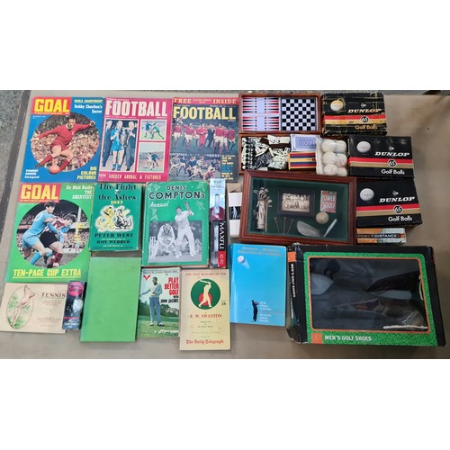 471 - Two boxes of sport books, collectables and memorabilia, golf related mainly.