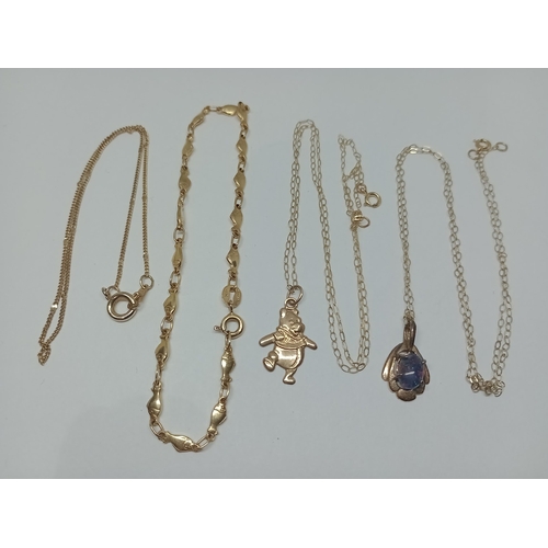 18 - Two 9ct gold chains, one with opal pendant and one with bear pendant together with a 14ct gold fish ... 