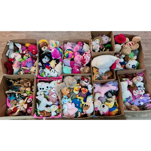 173 - 11 boxes of miscellaneous toys to include soft toys, Ty, Build-a-Bear, Paddington, Toy Story, Sesame... 