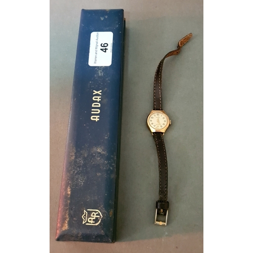 46 - A 9ct gold cased Audax ladies watch with original box, gross wt. gold 3.7 grams.