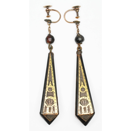 2 - A pair of Victorian pique inlaid tortoiseshell and yellow metal drop earrings of obelisk form, screw... 