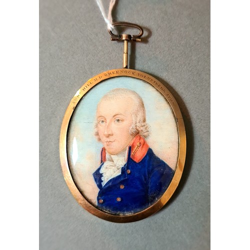 104 - An 18th century portrait miniature of Andrew Hill (1795), 60mm high in a yellow metal frame with pla... 