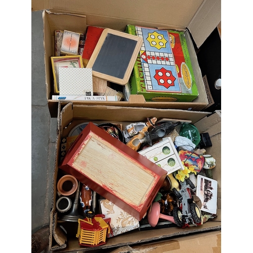 111 - Two boxes of mixed items including games, toys, model animal figures etc