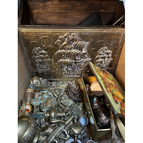 126 - A box of metalware including brass, silver plate etc.