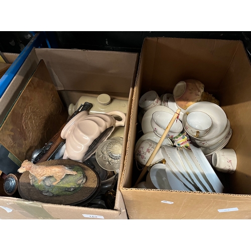 162 - 2 boxes of china, ornaments, metalware, etc.