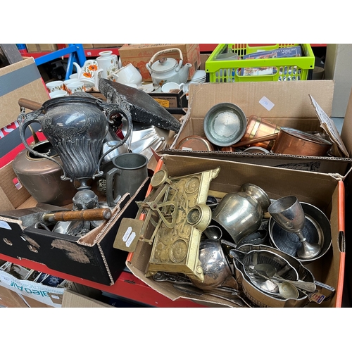 180 - 3 boxes of metalware to include copper, brass, platedware, pewter, etc.