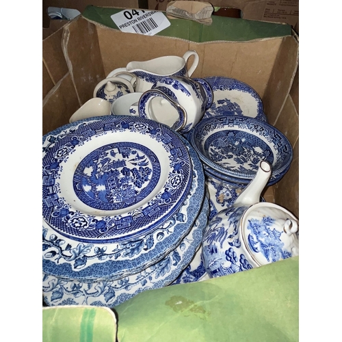 364 - A box of blue and white wear, Rington's, Myott's, Willow pattern  etc.