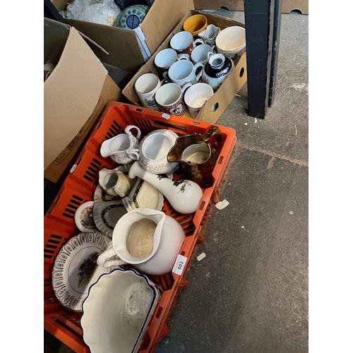 603 - Two boxes of mixed pottery including coronation ware etc.