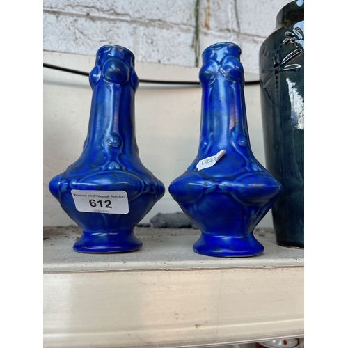 612 - A pair of blue Belgian art pottery vases, height appx 17 cm